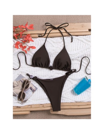 Women Thong Bikini Sexy Solid Coffee Halter Swimsuit Lace up Brazilian Bathing Suit New Double Fabric Beachwear  JY1066