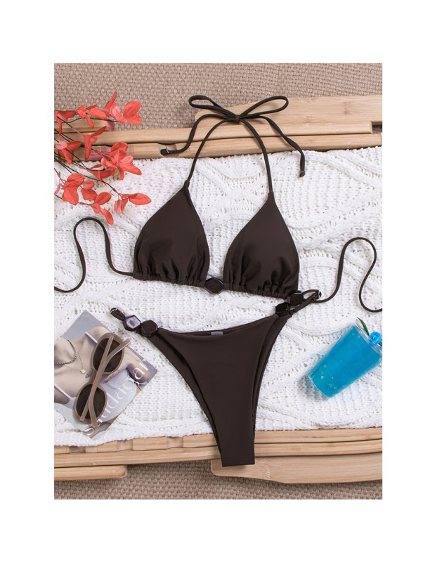 Women Thong Bikini Sexy Solid Coffee Halter Swimsuit Lace up Brazilian Bathing Suit New Double Fabric Beachwear  JY1066