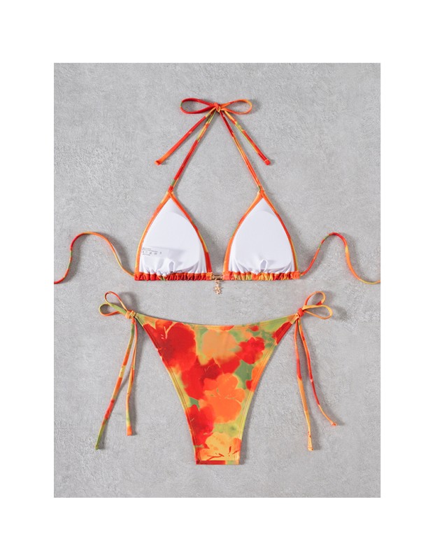 New Sexy Printed Backless Women's Split Swimsuit Casual Floral Pattern Lace up Three Ring Belt with Chest Cushion Bikini Set JY1057