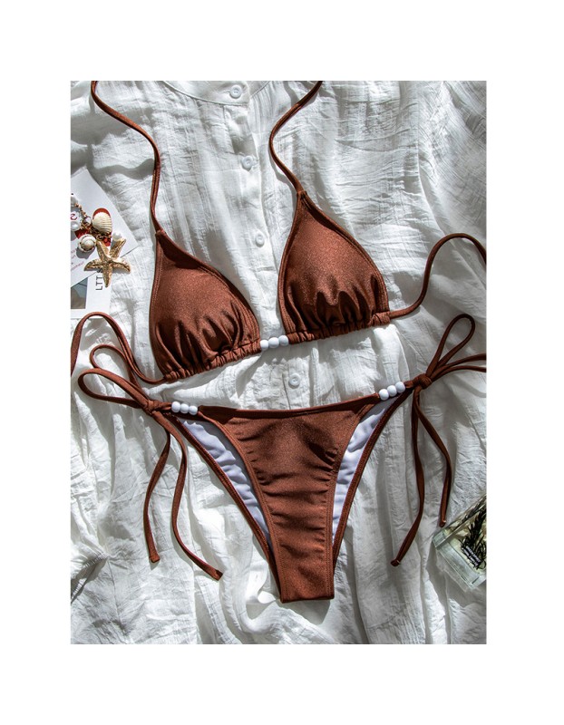 Sexy Coffee Bikini Set Women Pearls Strap Push up Bandage Thong Swimsuit Brazilian Summer Bathing Suit Micro Swimwear Set JY1073