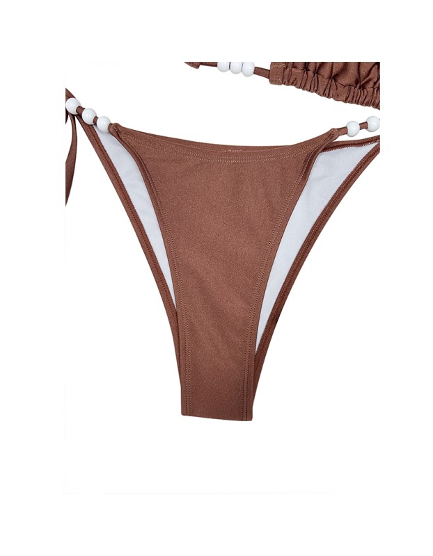 Sexy Coffee Bikini Set Women Pearls Strap Push up Bandage Thong Swimsuit Brazilian Summer Bathing Suit Micro Swimwear Set JY1073