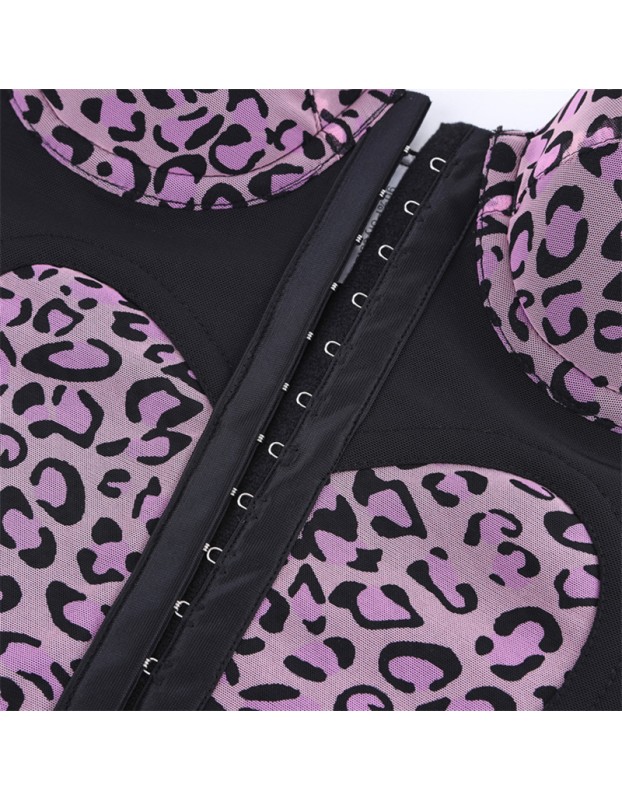 Women Overbust Corset Tops Vest Fashion Pink Leopard Print Heart Pattern Bustier Top Adjustable Strap Burlesque Lingerie F2507
