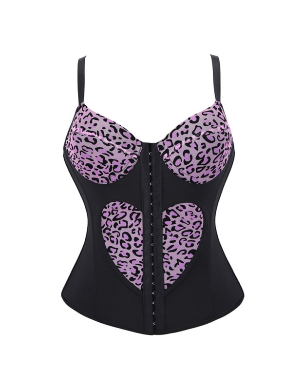 Women Overbust Corset Tops Vest Fashion Pink Leopard Print Heart Pattern Bustier Top Adjustable Strap Burlesque Lingerie F2507