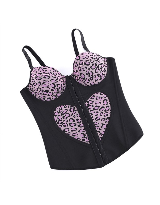 Women Overbust Corset Tops Vest Fashion Pink Leopard Print Heart Pattern Bustier Top Adjustable Strap Burlesque Lingerie F2507
