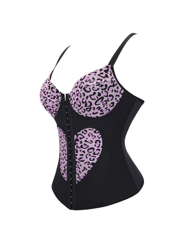 Women Overbust Corset Tops Vest Fashion Pink Leopard Print Heart Pattern Bustier Top Adjustable Strap Burlesque Lingerie F2507