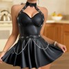 Women Sexy Faux Pu Leather Short Dress Hollow Metal Chain Halter Neck SleepDress Hanging Neck Nightgown C289