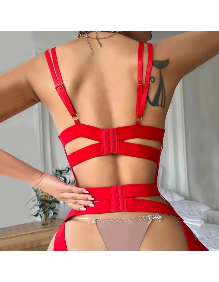 Hollow Out Bodysuit Women Solid Sheer Lingerie Cross Bandage Sexy Lingerie Set Night Club Appeal Seduction Erotic Jumpsuirt C175