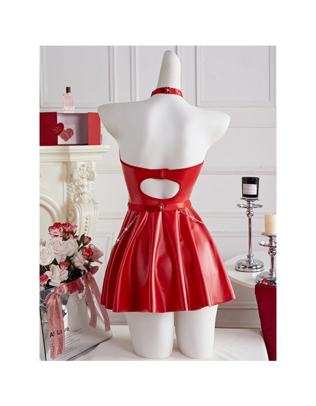 Women Sexy Faux Pu Leather Short Dress Hollow Metal Chain Halter Neck SleepDress Hanging Neck Nightgown C289