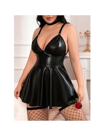 Women Black Nightclub Short Dresses Deep V-Neck Sleeveless Vestidos Faux Leather Suspenders Sexy Nightdress Plus Size Baby Doll C241