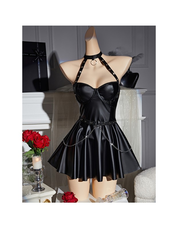 Women Sexy Faux Pu Leather Short Dress Hollow Metal Chain Halter Neck SleepDress Hanging Neck Nightgown C289