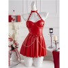 Women Sexy Faux Pu Leather Short Dress Hollow Metal Chain Halter Neck SleepDress Hanging Neck Nightgown C289