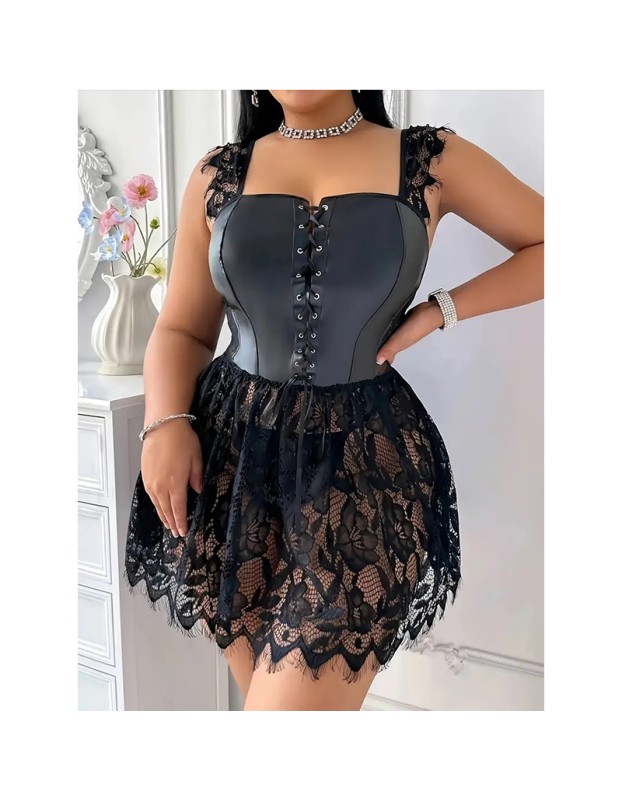 Fancy Lingerie Dress PU Leather Tie Up Lace Patchwork Sleep Dress Thong Brief See Through Sissy Adult Clothes Erotic Sleepwear C317