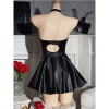 Women Sexy Faux Pu Leather Short Dress Hollow Metal Chain Halter Neck SleepDress Hanging Neck Nightgown C289
