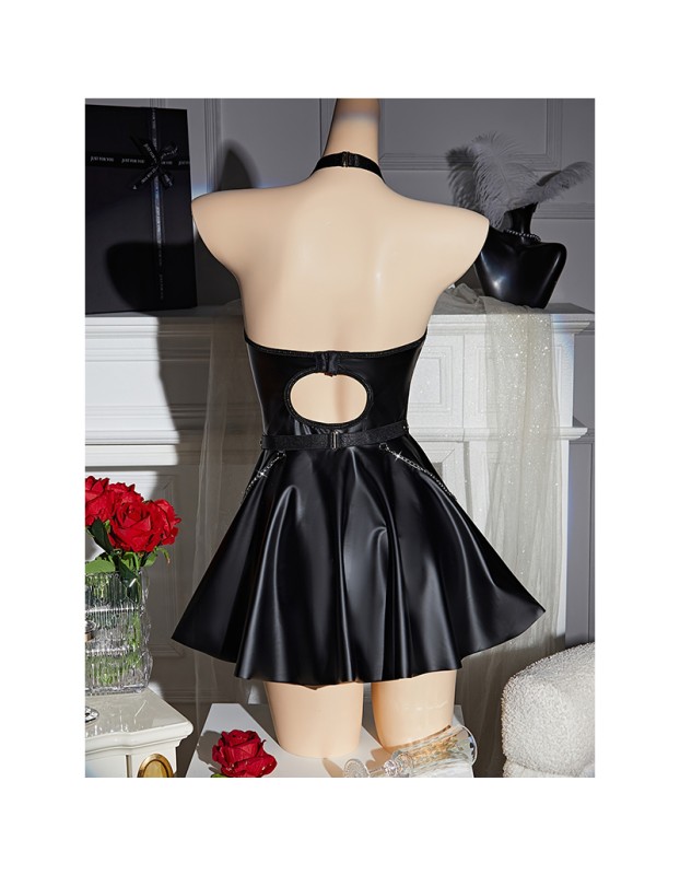 Women Sexy Faux Pu Leather Short Dress Hollow Metal Chain Halter Neck SleepDress Hanging Neck Nightgown C289