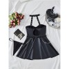 Women Sexy Faux Pu Leather Short Dress Hollow Metal Chain Halter Neck SleepDress Hanging Neck Nightgown C289