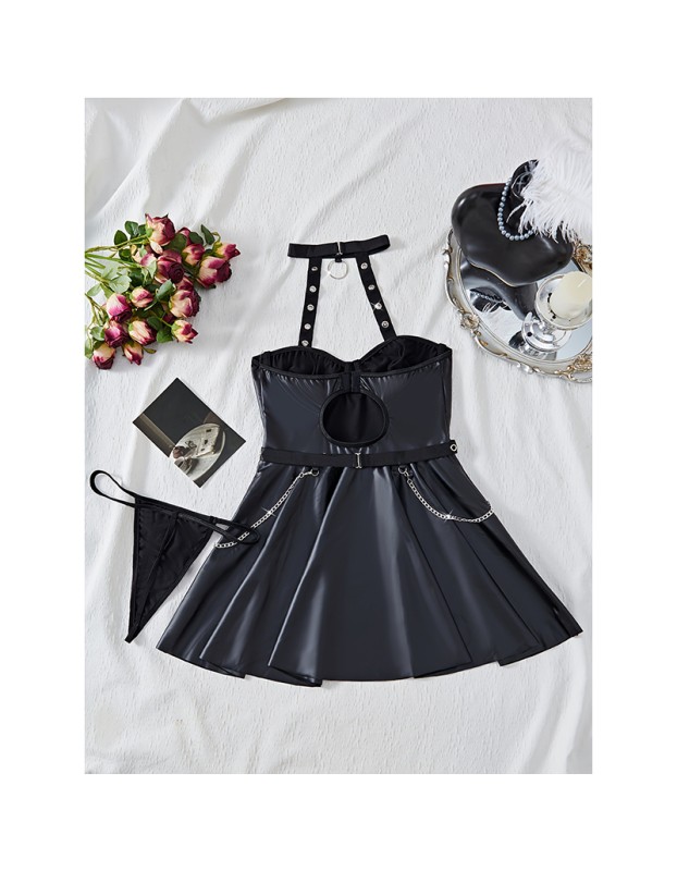 Women Sexy Faux Pu Leather Short Dress Hollow Metal Chain Halter Neck SleepDress Hanging Neck Nightgown C289