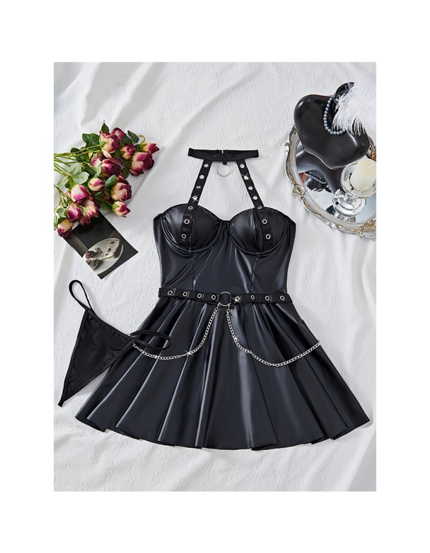 Women Sexy Faux Pu Leather Short Dress Hollow Metal Chain Halter Neck SleepDress Hanging Neck Nightgown C289
