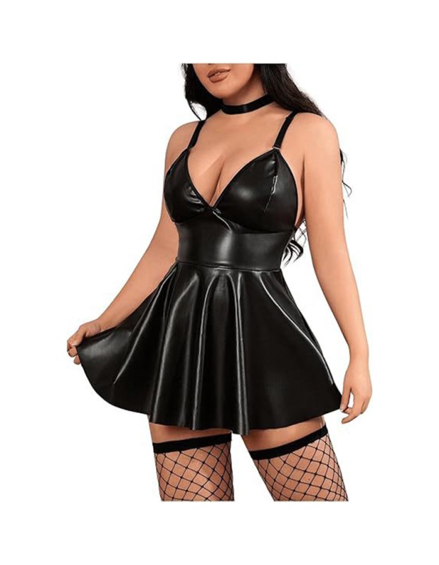 Women Black Nightclub Short Dresses Deep V-Neck Sleeveless Vestidos Faux Leather Suspenders Sexy Nightdress Plus Size Baby Doll C241