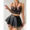Fetish Lingerie Sexy Women Halter Fishnet Leather Patchwork Bra Skirt 2PC Set with Leg Circles Erotic Cross Cover Latex C372