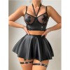 Fetish Lingerie Sexy Women Halter Fishnet Leather Patchwork Bra Skirt 2PC Set with Leg Circles Erotic Cross Cover Latex C372