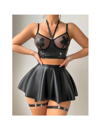 Fetish Lingerie Sexy Women Halter Fishnet Leather Patchwork Bra Skirt 2PC Set with Leg Circles Erotic Cross Cover Latex C372
