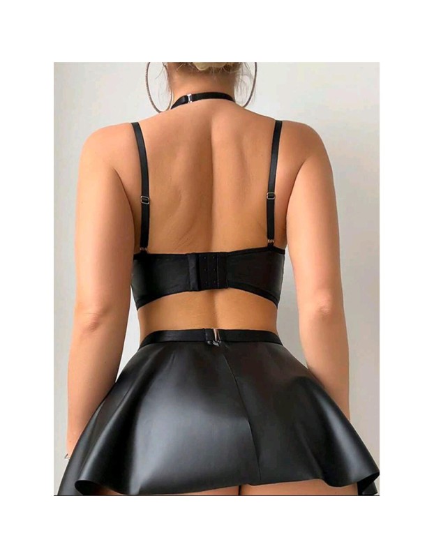 Fetish Lingerie Sexy Women Halter Fishnet Leather Patchwork Bra Skirt 2PC Set with Leg Circles Erotic Cross Cover Latex C372