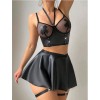 Fetish Lingerie Sexy Women Halter Fishnet Leather Patchwork Bra Skirt 2PC Set with Leg Circles Erotic Cross Cover Latex C372