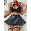 Sexy Nightclub Halter Leather Bra Short Black Faux Leather Skirt Sets With Strappy Detail Mini Skirt Bold Buckle For Women C373