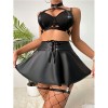 Sexy Nightclub Halter Leather Bra Short Black Faux Leather Skirt Sets With Strappy Detail Mini Skirt Bold Buckle For Women C373