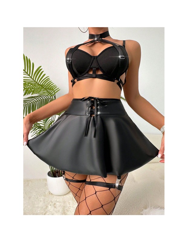 Sexy Nightclub Halter Leather Bra Short Black Faux Leather Skirt Sets With Strappy Detail Mini Skirt Bold Buckle For Women C373