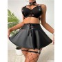 Sexy Nightclub Halter Leather Bra Short Black Faux Leather Skirt Sets With Strappy Detail Mini Skirt Bold Buckle For Women C373
