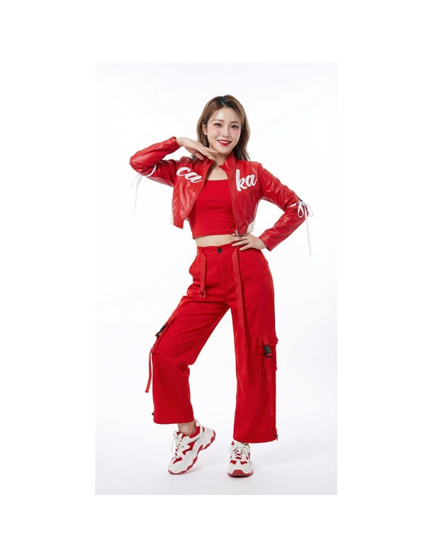 Red Street Dance Outfit for Women Hip Hop Jazz Performance Costume for Students Sports Day Cheerleading Uniform YM0835