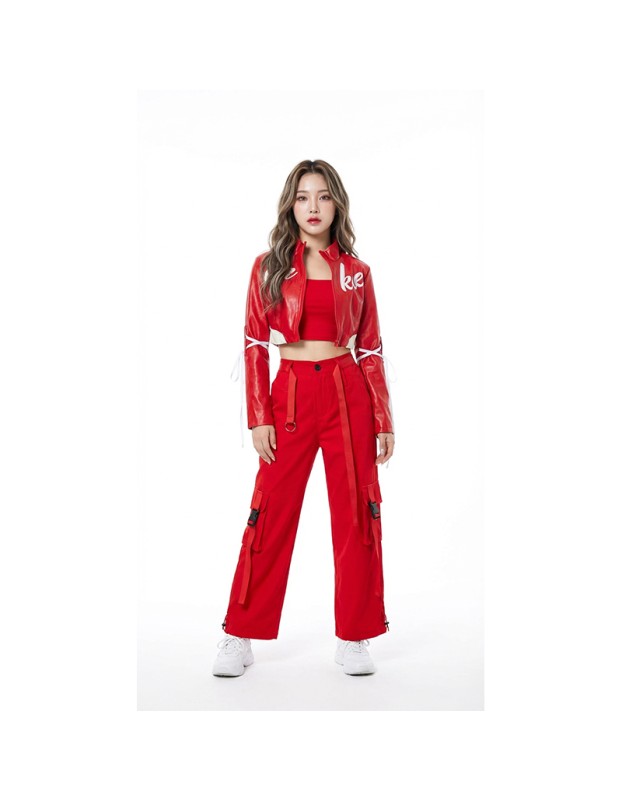 Red Street Dance Outfit for Women Hip Hop Jazz Performance Costume for Students Sports Day Cheerleading Uniform YM0835