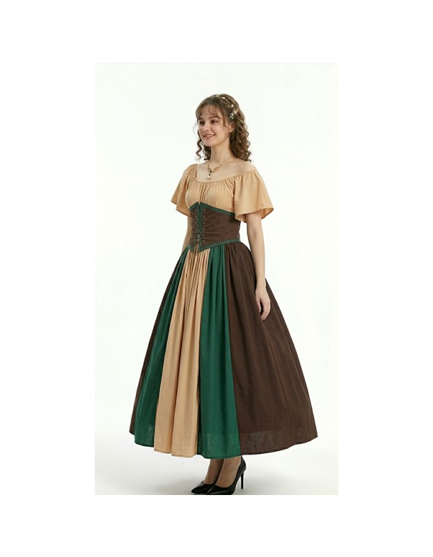 Halloween Costumes for Women Medieval Retro Contrasting Color Slim Swing Dress One-word Shoulder Dress Love Live Cosplay YM0819