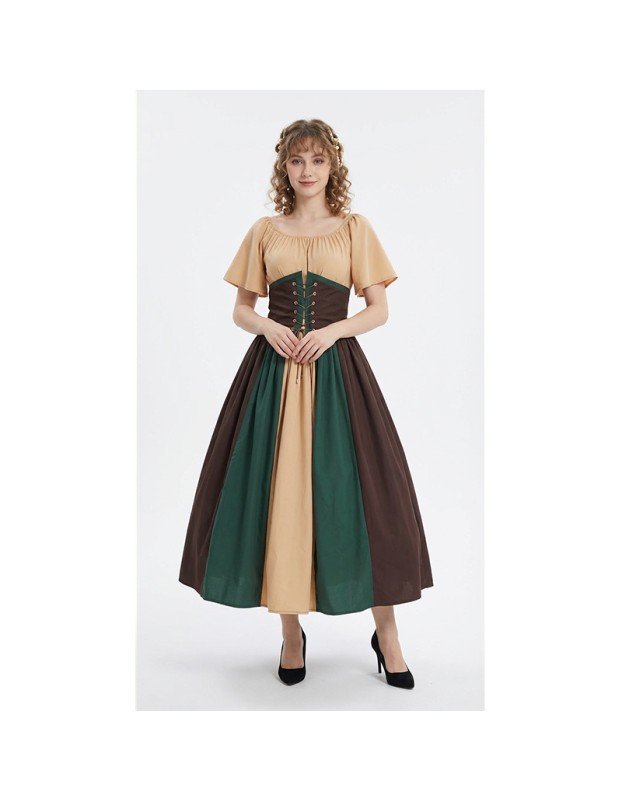 Halloween Costumes for Women Medieval Retro Contrasting Color Slim Swing Dress One-word Shoulder Dress Love Live Cosplay YM0819