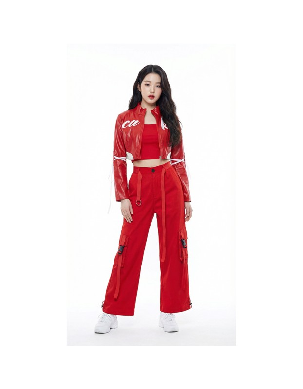 Red Street Dance Outfit for Women Hip Hop Jazz Performance Costume for Students Sports Day Cheerleading Uniform YM0835