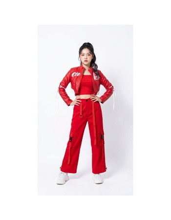 Red Street Dance Outfit for Women Hip Hop Jazz Performance Costume for Students Sports Day Cheerleading Uniform YM0835