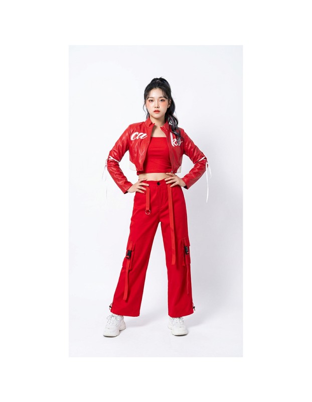 Red Street Dance Outfit for Women Hip Hop Jazz Performance Costume for Students Sports Day Cheerleading Uniform YM0835