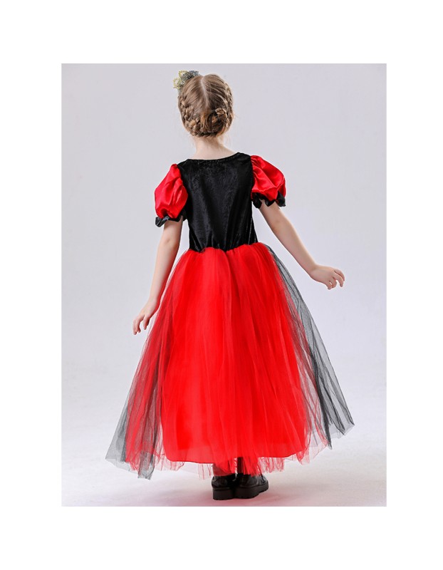 Red Queen of Hearts Long Costumes for Girls Princess's Dress Halloween Puff Sleeves Mesh Yarn Tutu Dress Carnival Party Outfit YM8815