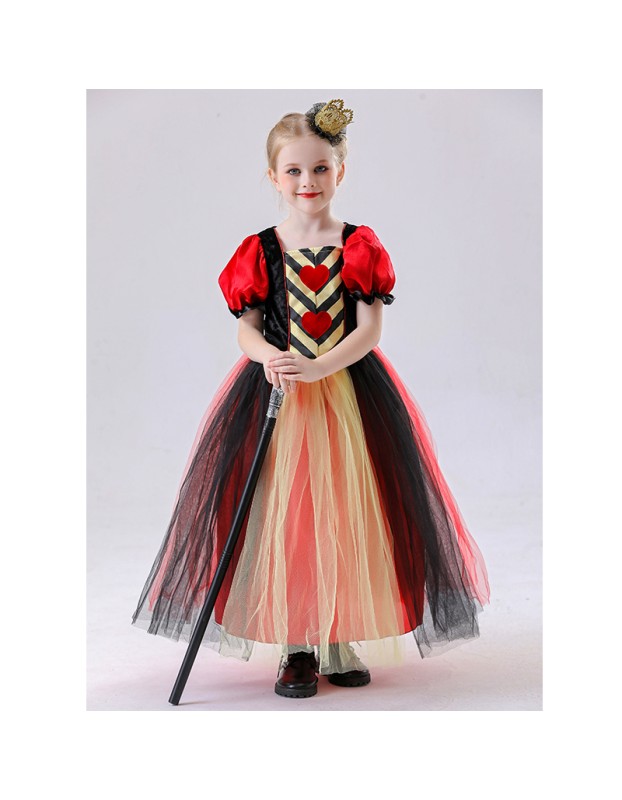 Red Queen of Hearts Long Costumes for Girls Princess's Dress Halloween Puff Sleeves Mesh Yarn Tutu Dress Carnival Party Outfit YM8815