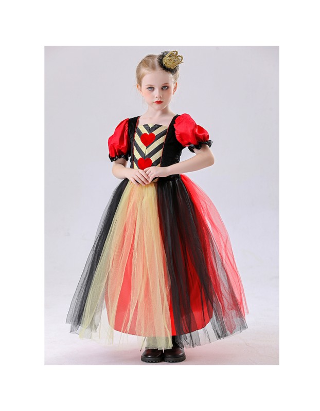 Red Queen of Hearts Long Costumes for Girls Princess's Dress Halloween Puff Sleeves Mesh Yarn Tutu Dress Carnival Party Outfit YM8815