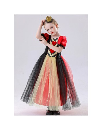 Red Queen of Hearts Long Costumes for Girls Princess's Dress Halloween Puff Sleeves Mesh Yarn Tutu Dress Carnival Party Outfit YM8815