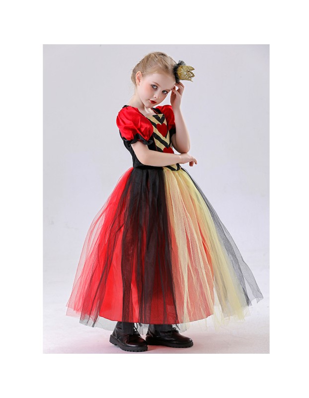 Red Queen of Hearts Long Costumes for Girls Princess's Dress Halloween Puff Sleeves Mesh Yarn Tutu Dress Carnival Party Outfit YM8815