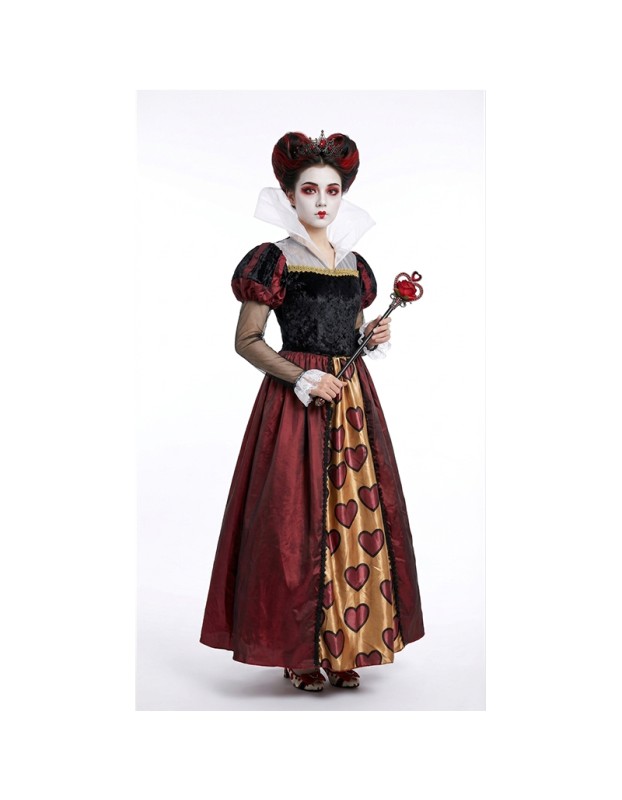 Women's Queen of Hearts Costume, Deluxe Long Dress with Heart Print for Halloween Cosplay, Themed Party YM8816
