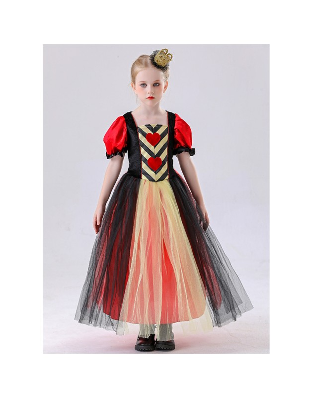 Red Queen of Hearts Long Costumes for Girls Princess's Dress Halloween Puff Sleeves Mesh Yarn Tutu Dress Carnival Party Outfit YM8815