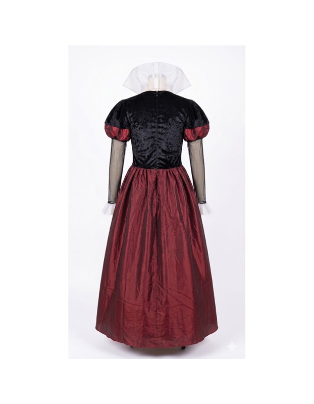 Women's Queen of Hearts Costume, Deluxe Long Dress with Heart Print for Halloween Cosplay, Themed Party YM8816