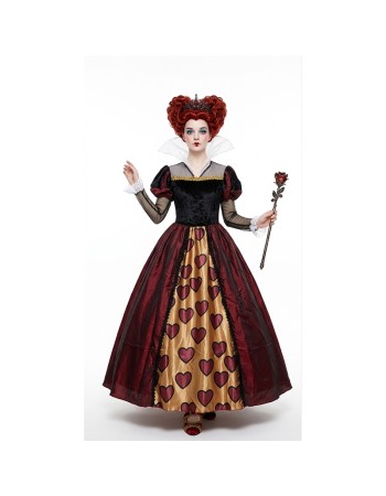 Women's Queen of Hearts Costume, Deluxe Long Dress with Heart Print for Halloween Cosplay, Themed Party YM8816
