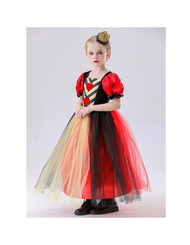 Red Queen of Hearts Long Costumes for Girls Princess's Dress Halloween Puff Sleeves Mesh Yarn Tutu Dress Carnival Party Outfit YM8815