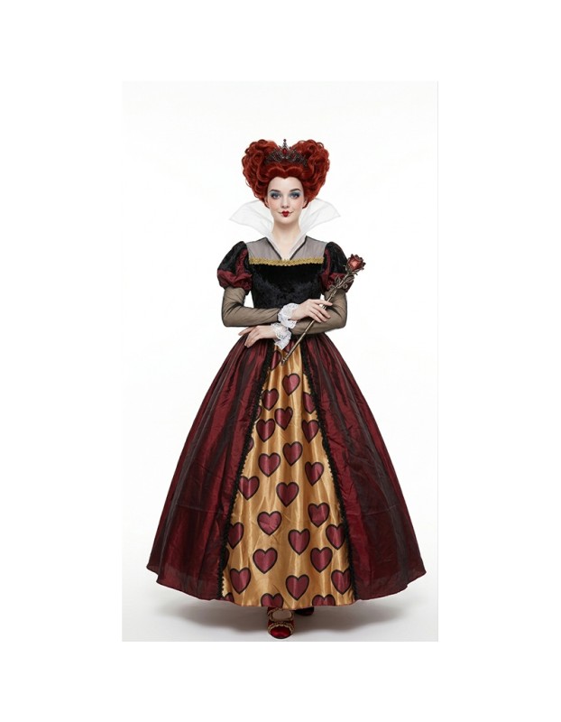 Women's Queen of Hearts Costume, Deluxe Long Dress with Heart Print for Halloween Cosplay, Themed Party YM8816