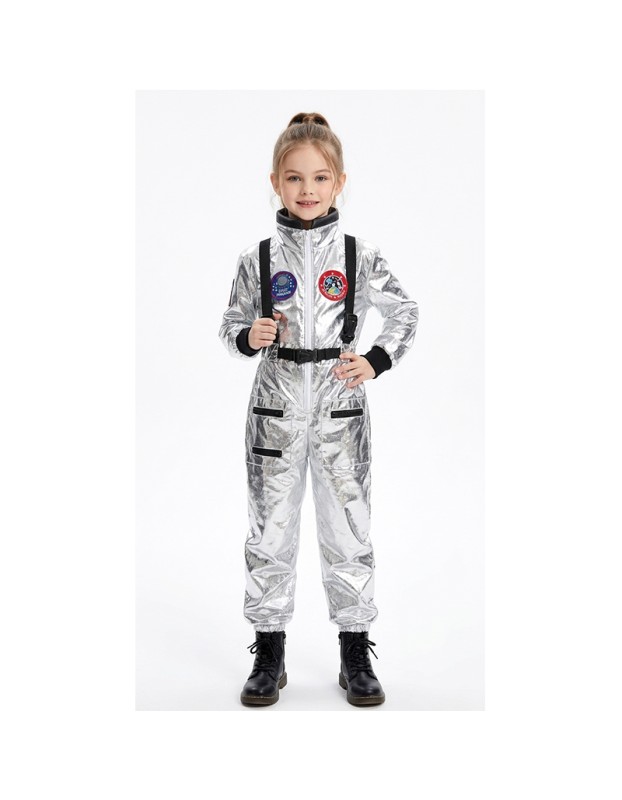 Boys Girls Astronaut Costume Silver Space Suit Halloween Role Play Costume for Kids Party Performance New Year Carnival Gift YM8819